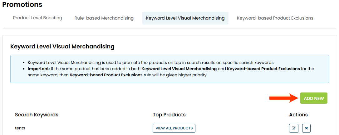 Callout of the ADD NEW button on the Keyword Level Visual Merchandising tab on the Promotions page of Monetate's Personalized Site Search