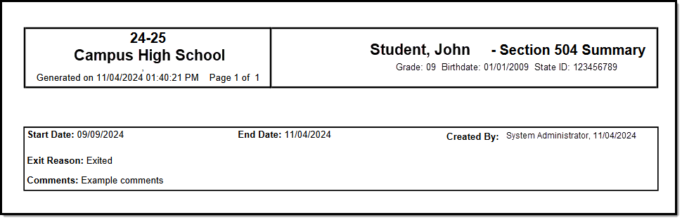 Screenshot of an example Section 504 print summary.