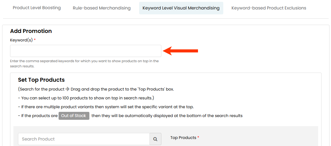 Callout of the 'Keyword(s)' field on the Keyword Level Visual Merchandising tab on the Promotions page of Personalized Site Search