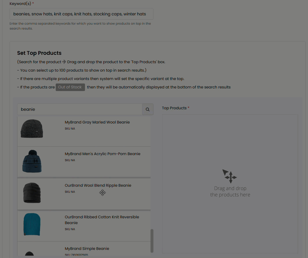 Animated demonstration of a user using a mouse pointer to drag and drop three different beanie caps from the left-hand product search results to the right-hand Top Products field on the Keyword Level Visual Merchandising tab on the Promotions page of Monetate's Personalized Site Search