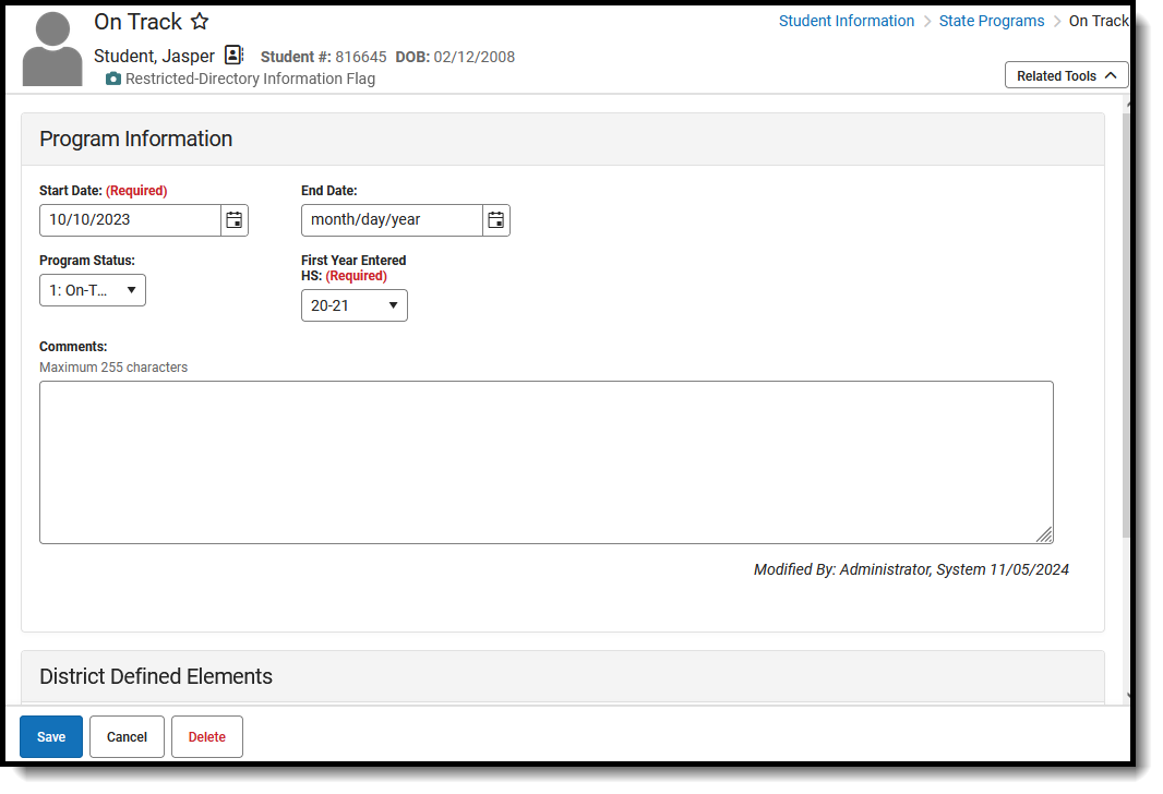 Screenshot of the On Track Record, located at Student Information, State Programs. 