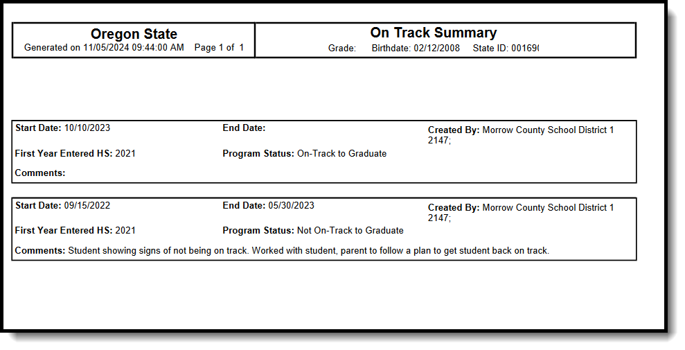 Screenshot of the PDF report of On Track Records. 