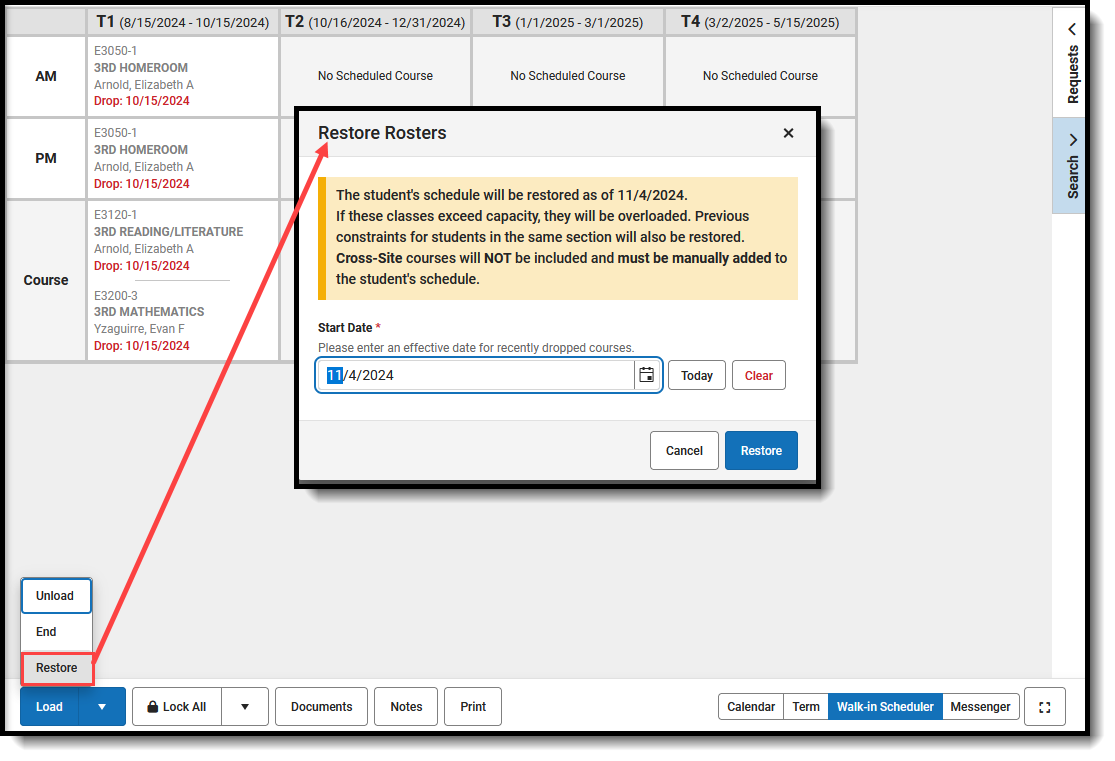 Screenshot of the Restore Rosters process