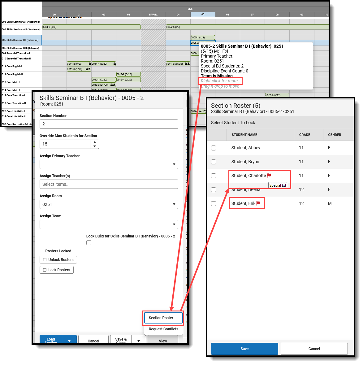 Screenshot of viewing the roster in the Scheduling Board with students flagged for special education. 