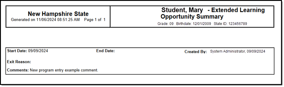 Screenshot of an example Career Academy print summary.