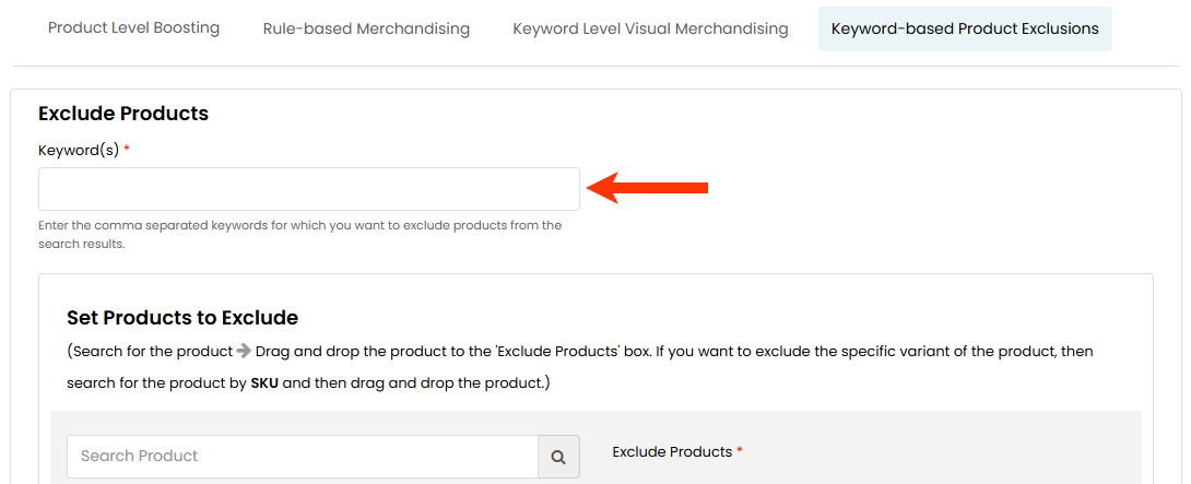 Callout of the 'Keyword(s)' field on the Keyword-based Product Exclusions tab on the Promotions page of Monetate's Personalized Site Search