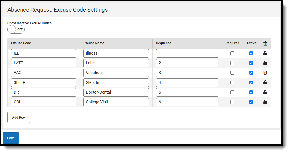 Screenshot of absence request excuse code settings