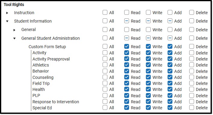 screenshot of System Administration Custom Forms tool rights folder