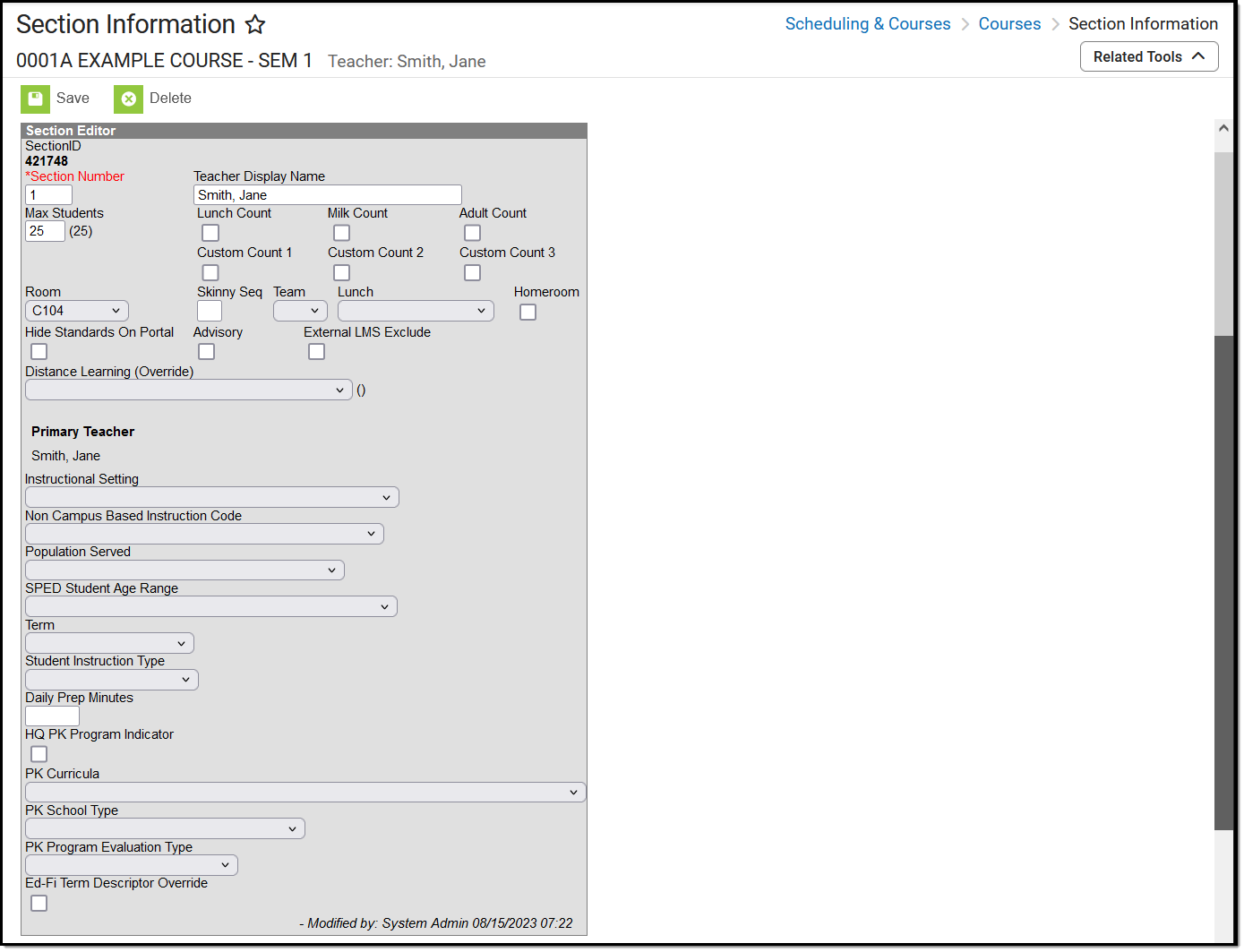 Screenshot of the Course Section Editor.