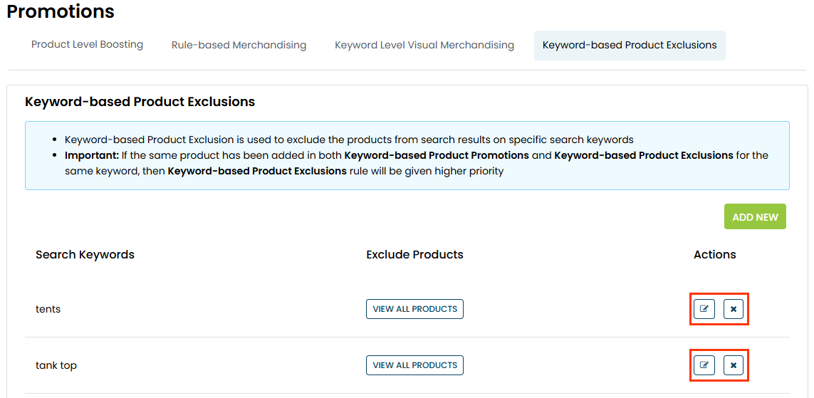 Callout of the edit icon and the delete icon in the Actions column of the table on the Keyword-based Product Exclusions tab on the Promotions page of Monetate's Personalized Site Search