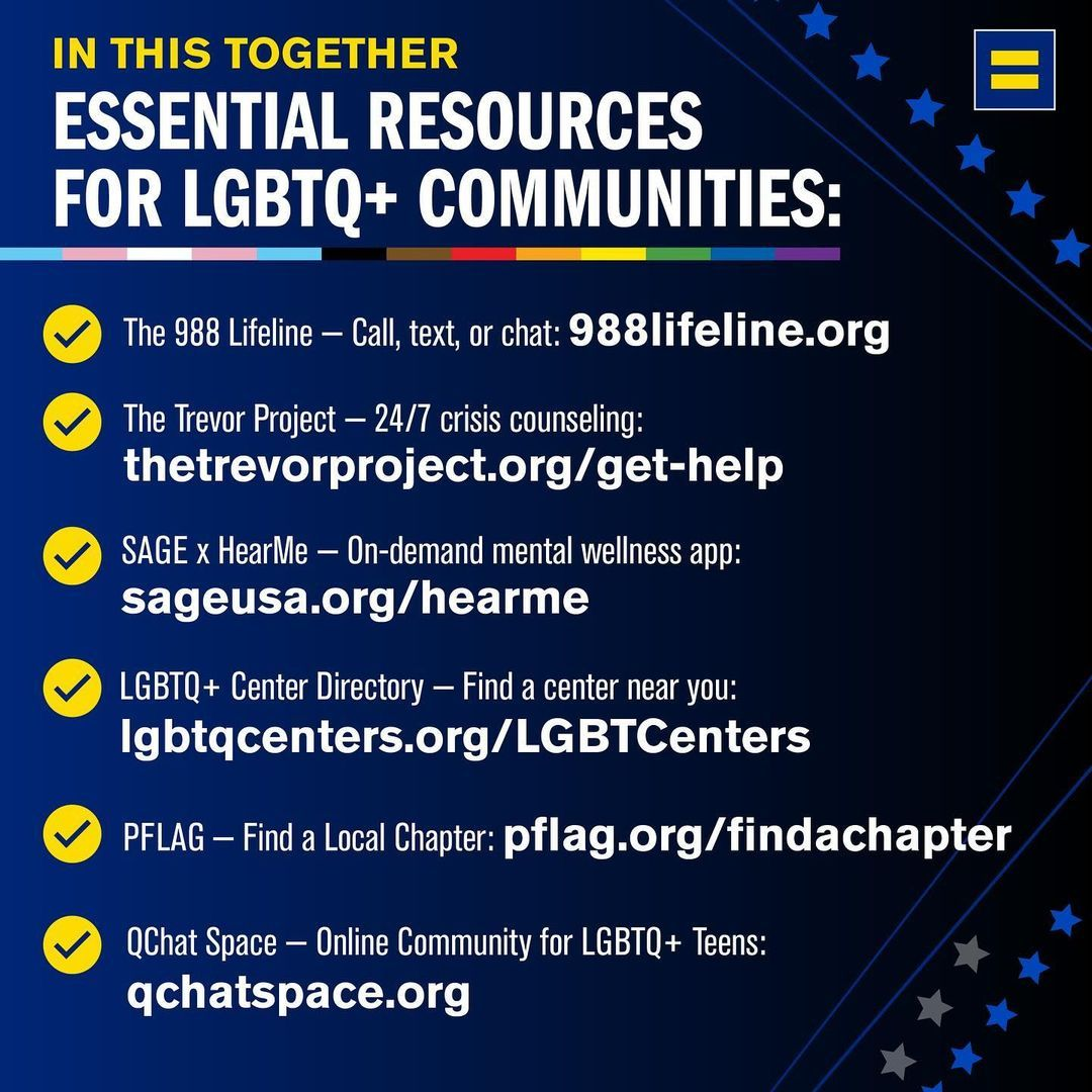 In This Together: Essential Resources for LGBTQ+ Communities The 988 Lifeline - Call, text, or cat 988lifeline.org The Trevor Project - 24/7 Crisis Counseling: thetrevorproject.org/get-help Sage X HearMe - On Demand mental wellness app: sageuse.org/hearme LGBTQ+ Center Directory -- Find a centre near you: lgbtqcenters.org/LGBTCenters PFLAG - Find a Local Chapter: pflag.org/findachapter QChat Space -- Online Community for LGBTQ+ Teens: qchatspace.org