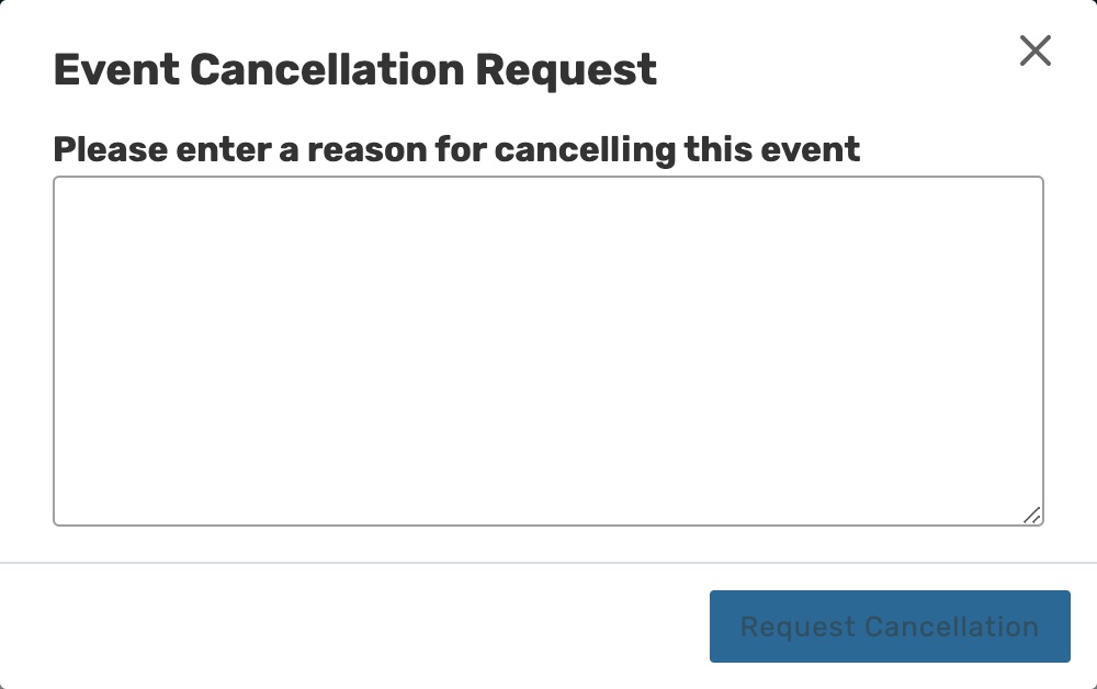 Event cancellation request text box that says 