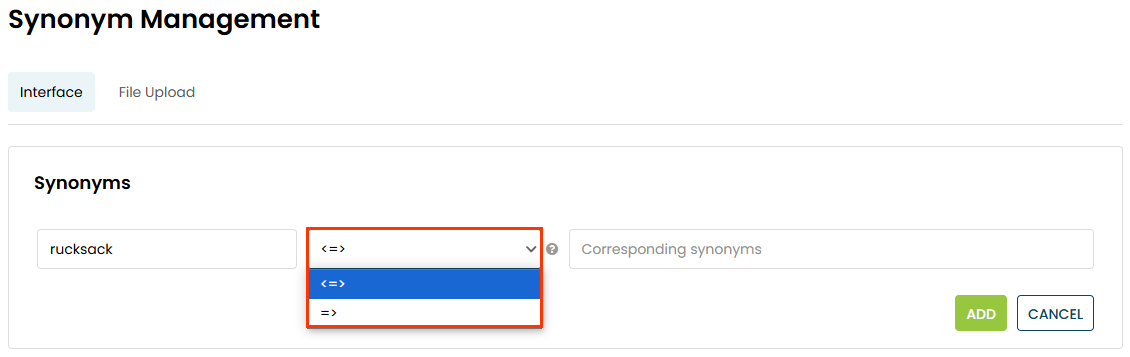 Callout of the directional operator selector on the Interface tab of the Synonym Management page of the Personalized Search interface. The selector is expanded to show the two choices: => for a unidirectional synonym relationship, and <=> for a bidirectional synonym relationship.