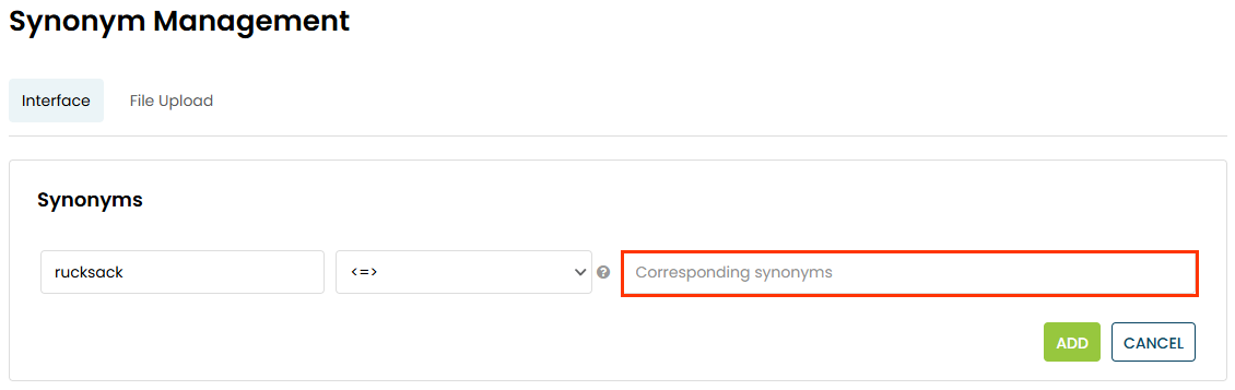 Callout of the 'Corresponding synonyms' field on the Interface tab of the Synonym Management page of the Personalized Search interface