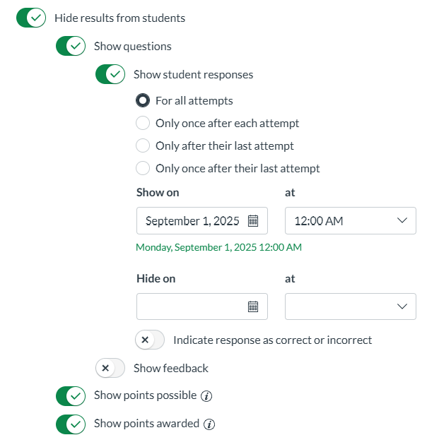 Hide results from students menu options in New Quizzes