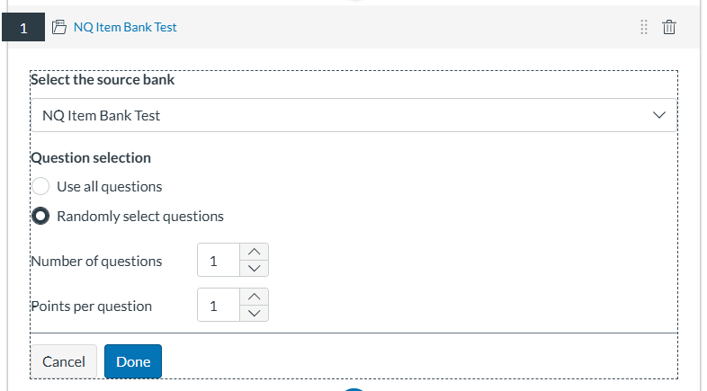 Select options for New Quizzes question pulled from an item bank.