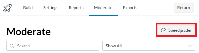 The Moderate tab in New Quizzes includes a SpeedGrader button