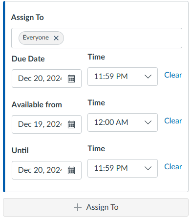 Assign to field for Canvas assignments and quizzes