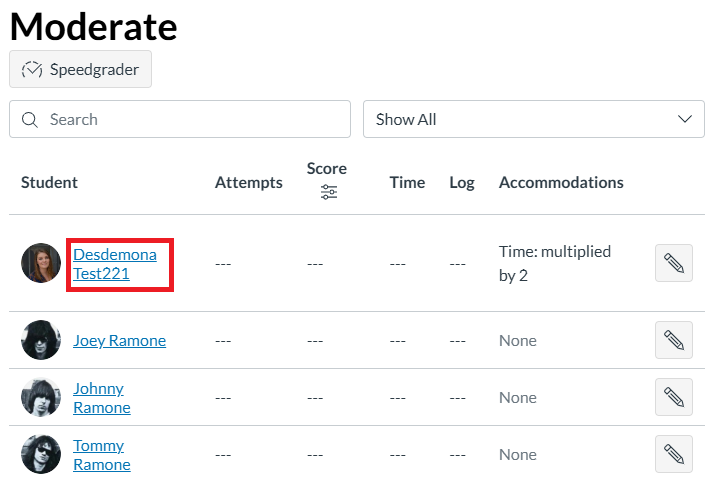 a list of student names of the quiz Moderate tab