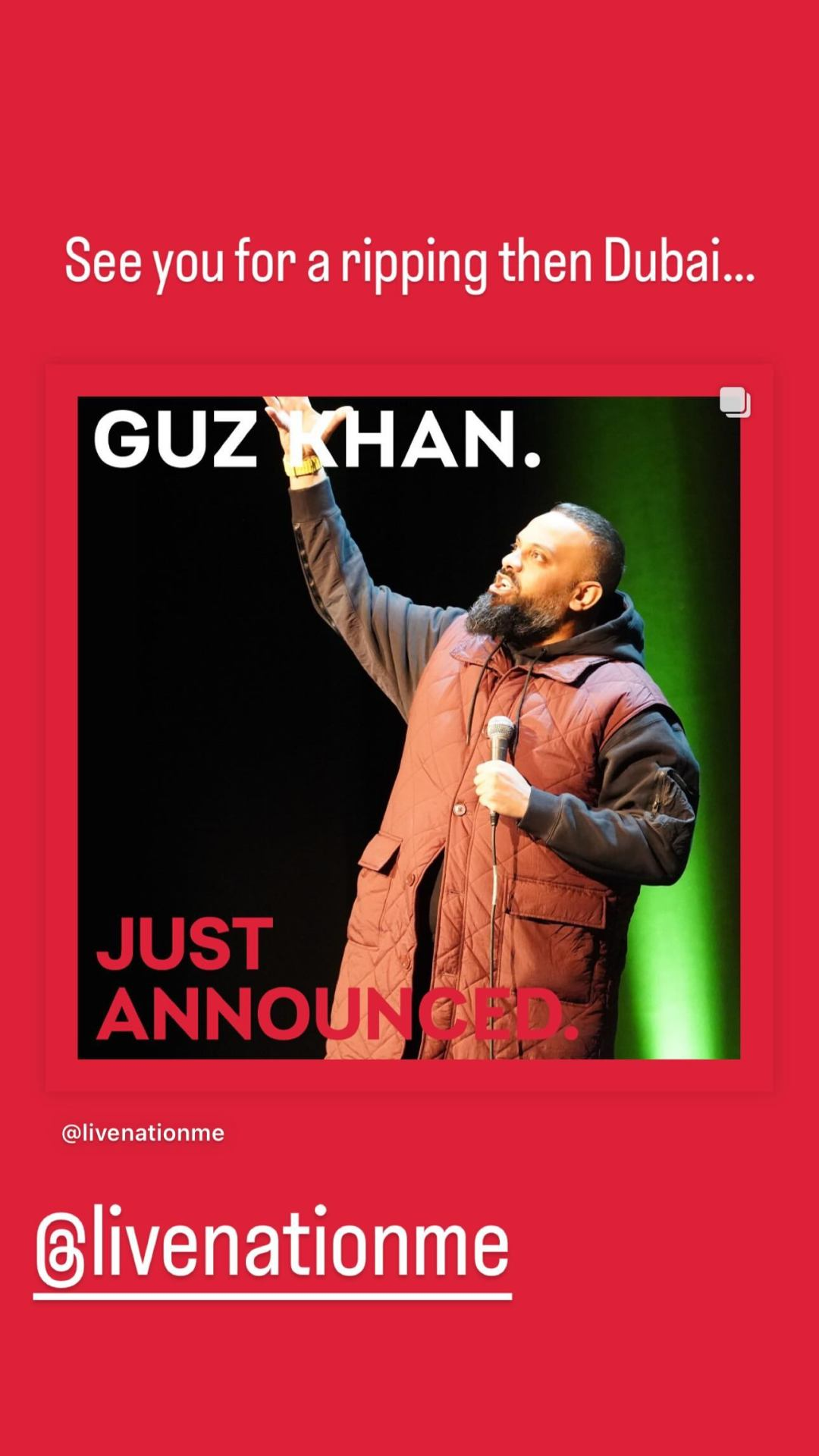 Red box background with picture of guz khan in white letters. Header says 