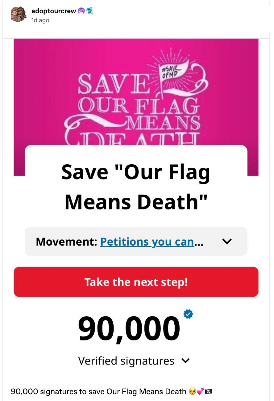 Picture of Adopt Our Crew's Tumblr, pink picture with white lettering that says save our flag means death petition, showing big black letters 90,000 verified signatures.