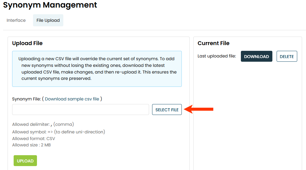 Callout of the SELECT FILE button on the File Upload tab of the Synonyms page