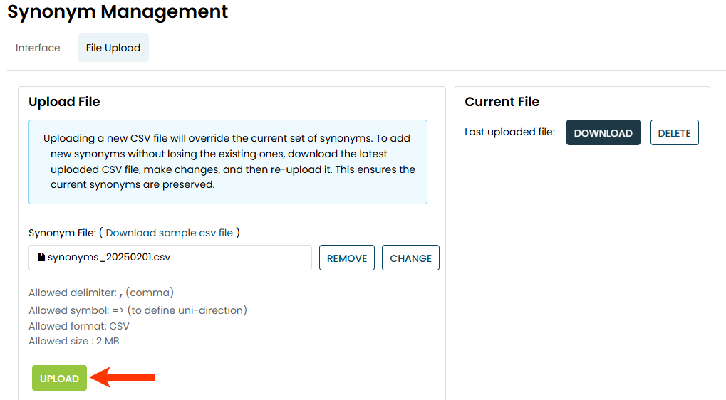 Callout of the UPLOAD button on the File Upload tab of the Synonyms page