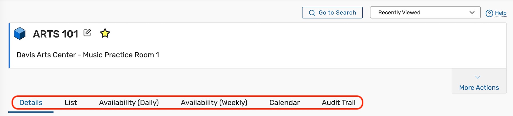 Location tabs. Details, List, Availability daily, Availability weekly, Calendar, and Audit Trail.