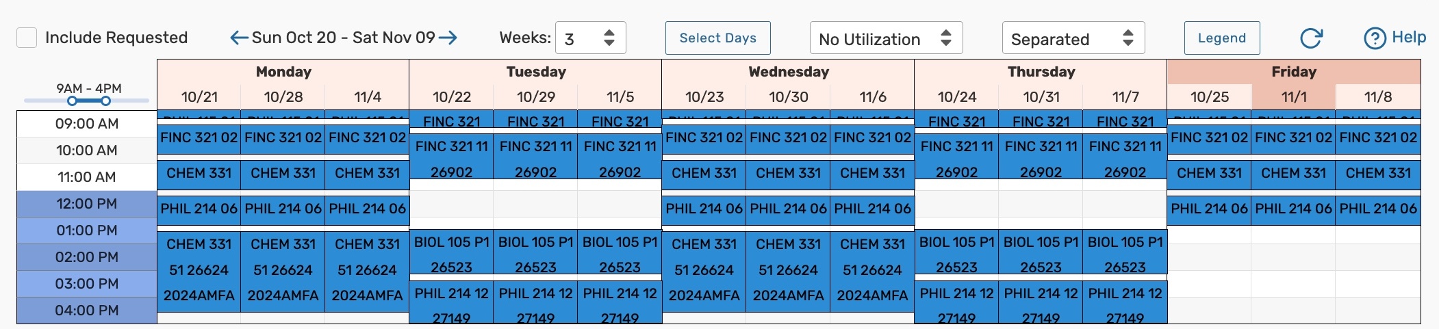 Location availability weekly grid example