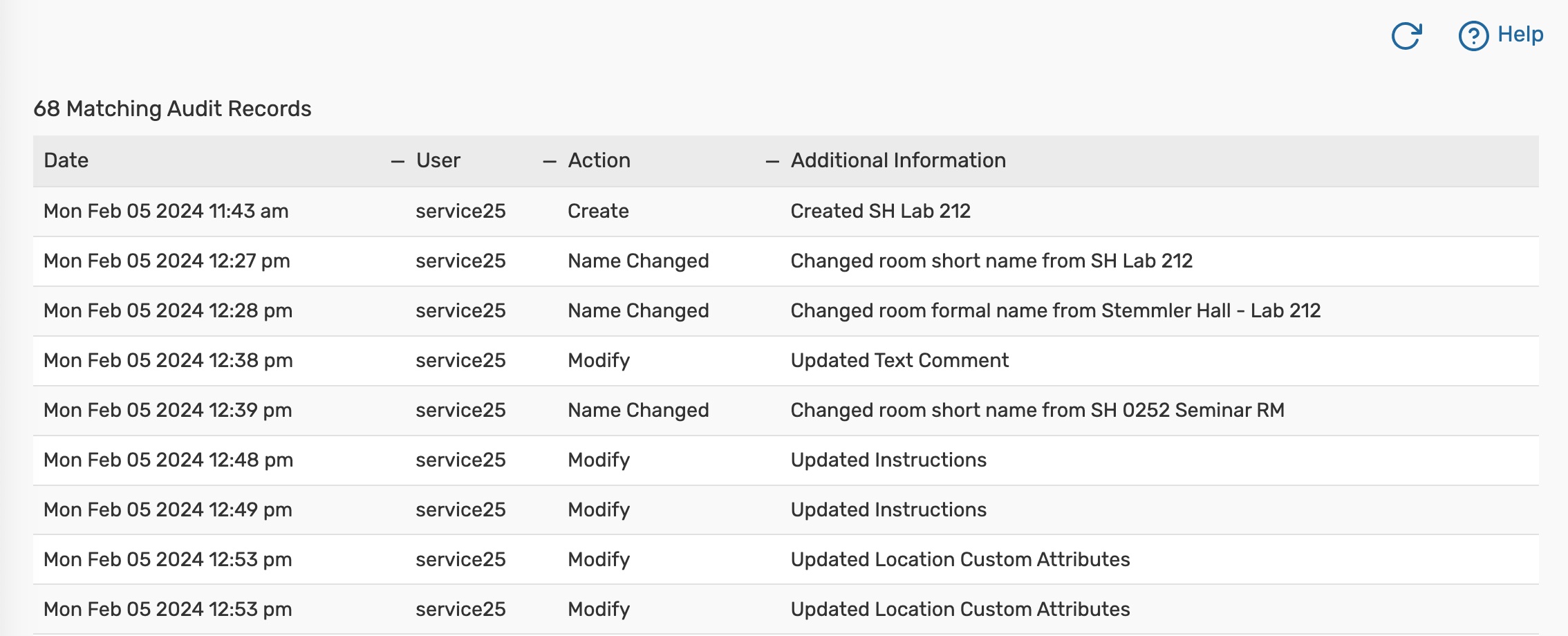 Audit trail table with date, user, action, and additional information columns.