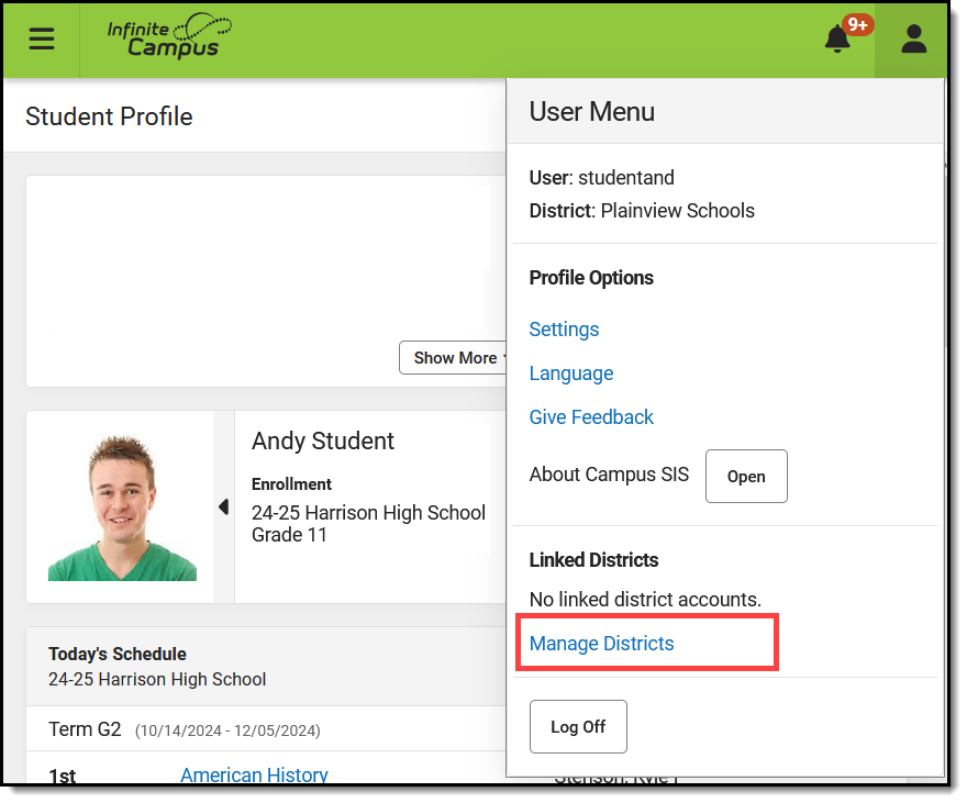 Screenshot of the user menu in Campus Student with the Manage Districts link highlighted. 