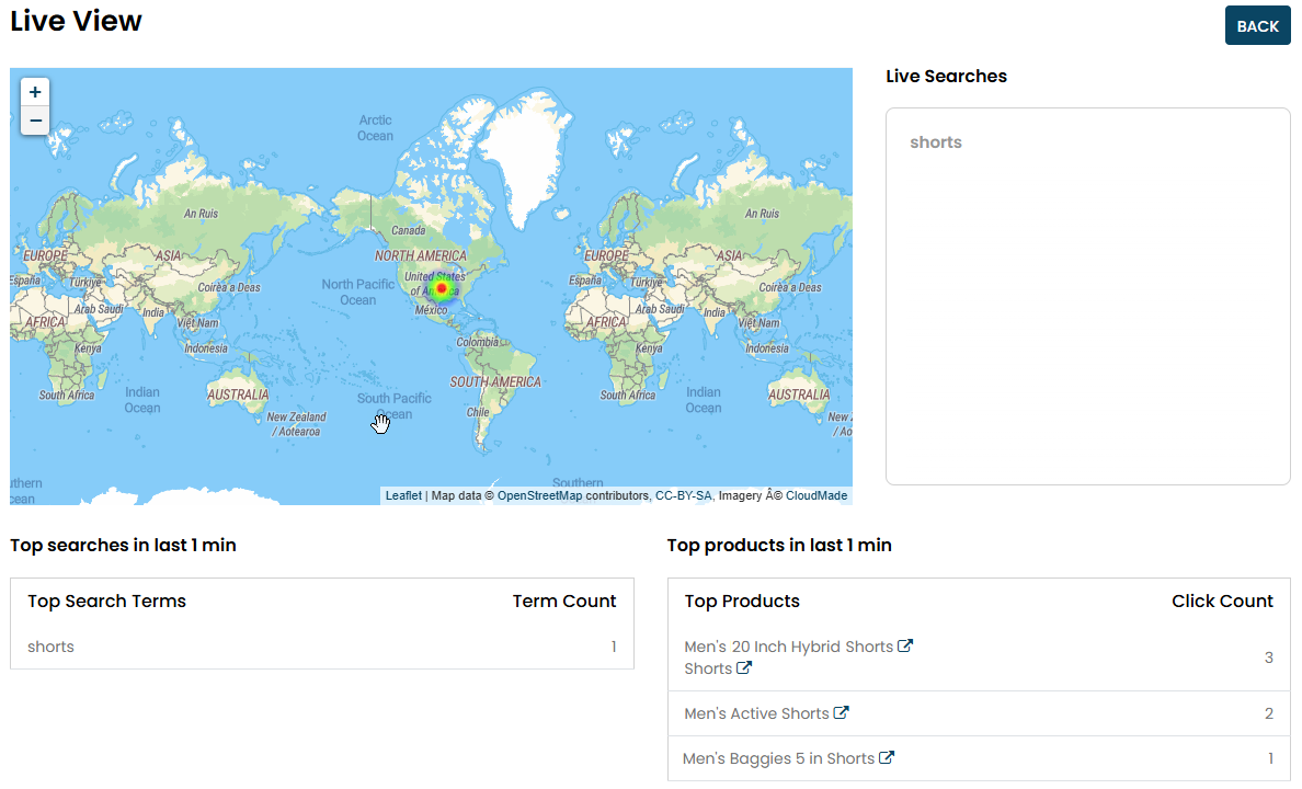 The Live View page of the Personalized Search dashboard