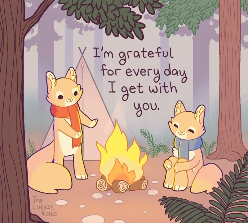 A drawing of two squirrels resting at a campfire. The caption reads, 