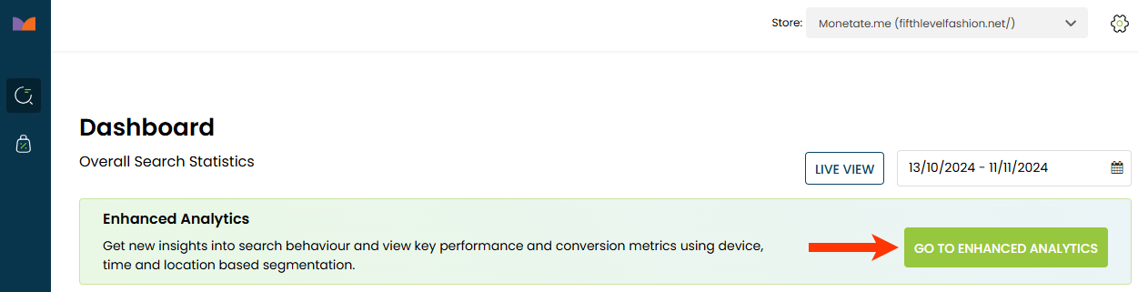 Callout of the GO TO ENHANCED ANALYTICS button on the Personalized Site Search analytics dashboard