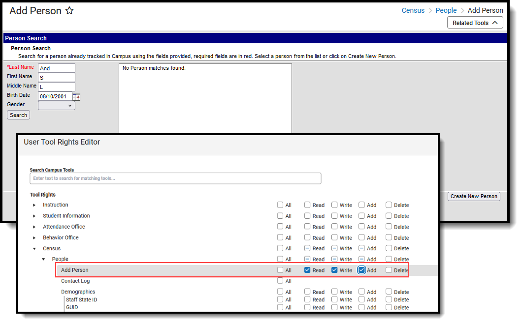 Screenshot of the Add Person tool and an image of the assigned Add Person tool rights. 