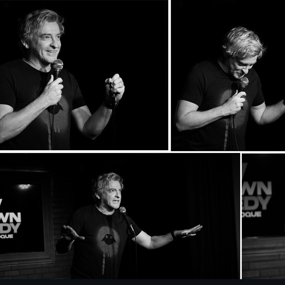 3 frames in black and white of rhys darby using arms and doing comedy