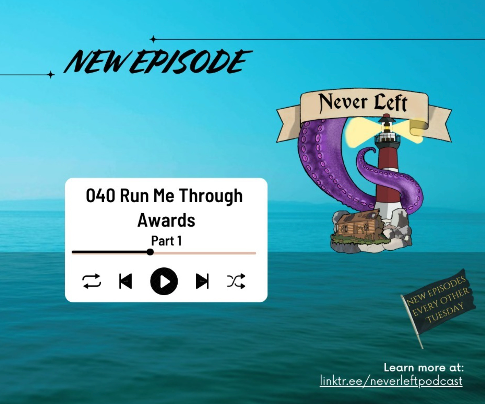 Blue background with text saying New Episode. Picture of Never Left Podcast icon. Run Me Through Awards Part 1. 