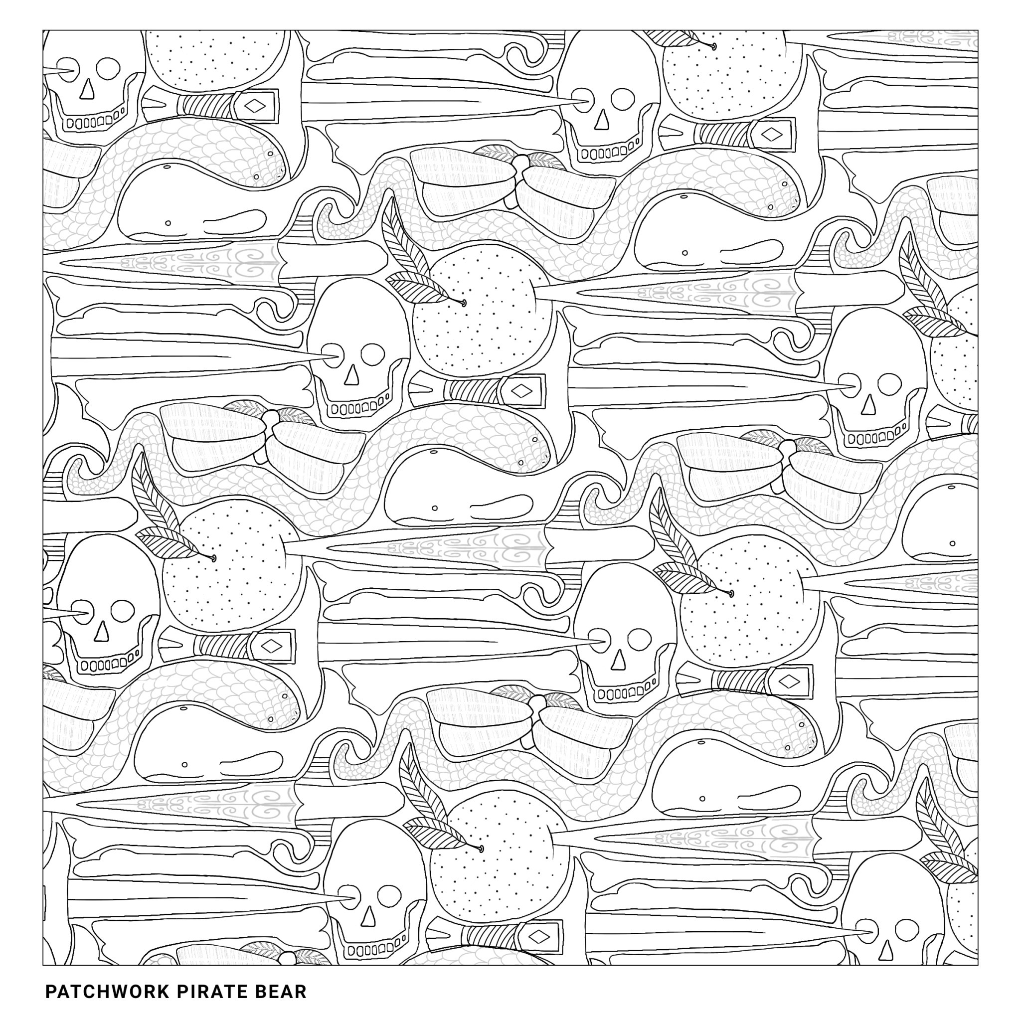 coloring page of skulls, snakes by patchworkpiratebear