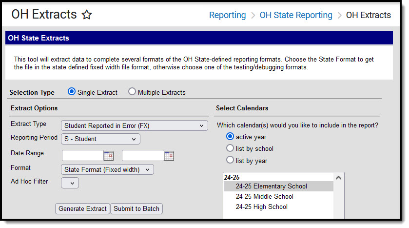 Screenshot of the Ohio Student Reported in Error (FX) Extract Editor