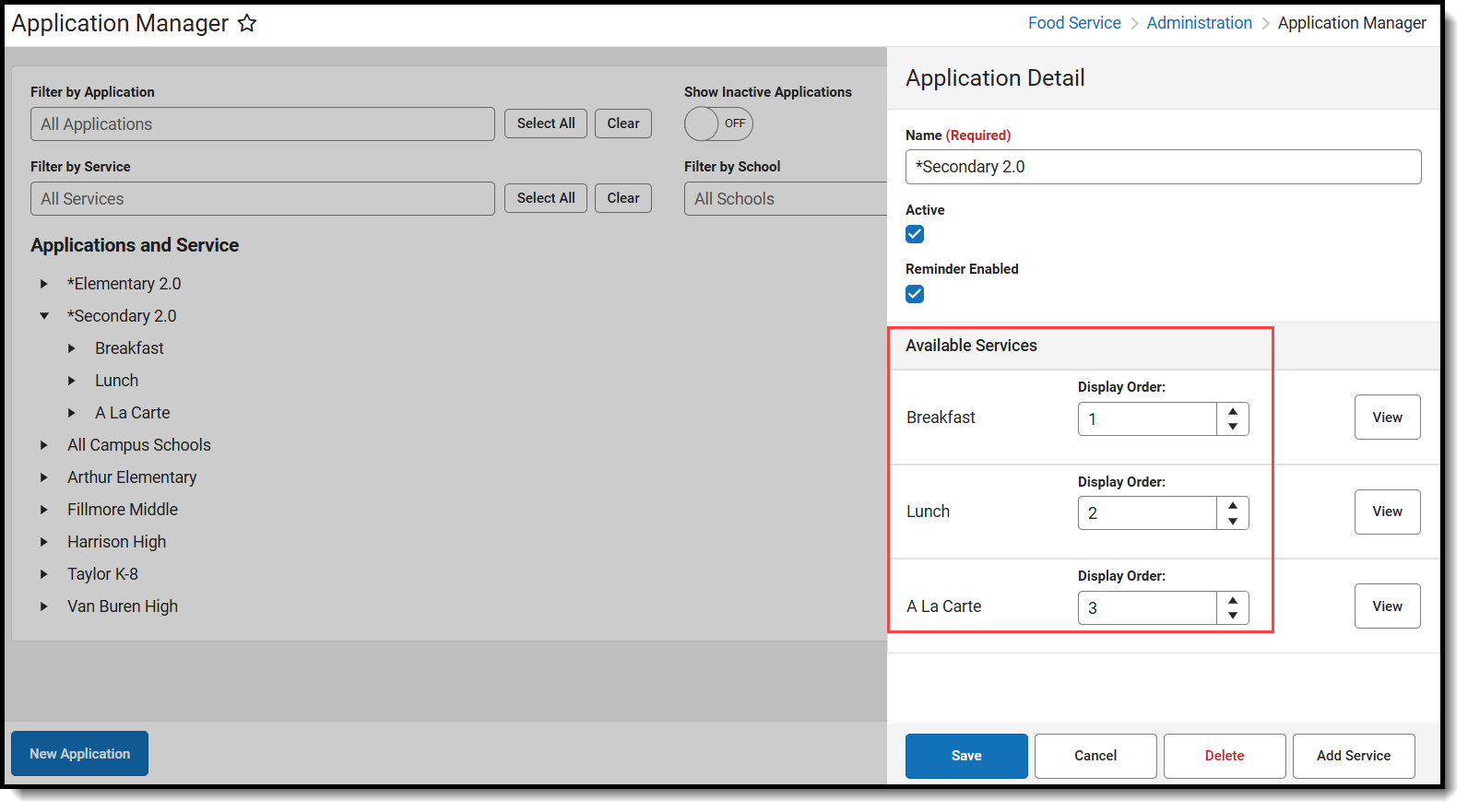 Screenshot of the display order of available services in an application.