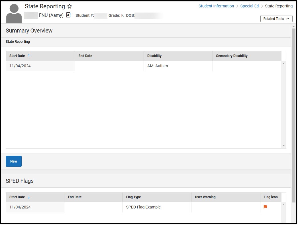 Screenshot of the special education State Reporting list screen.. 