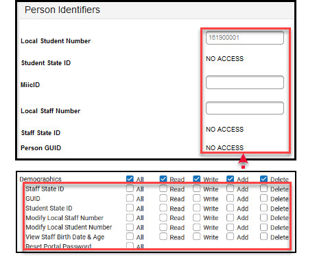 Screenshot of what the Person Identifiers section of the Demographics tab looks like with no rights assigned.