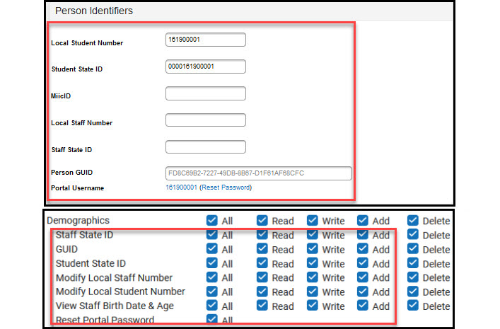 Screenshot of the Person Identifiers section of the Demographics tab with full rights assigned.