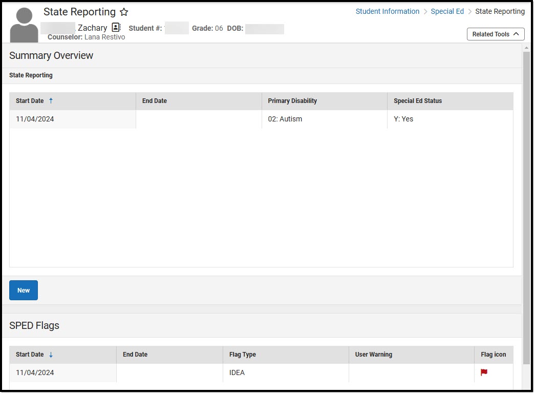 Image of the Special Education State Reporting list screen.