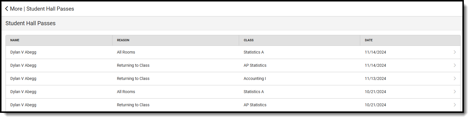 Screenshot of student hall pass report