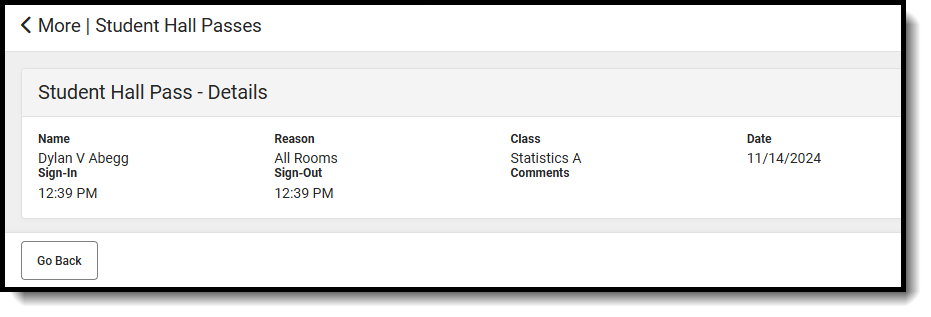 Screenshot of student hall pass details