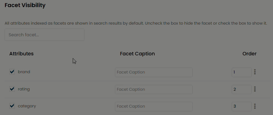 Animated demonstration of a user typing 'Brand' into the Facet Caption field for the facet 'brand,' and then clicking outside the field to save the change