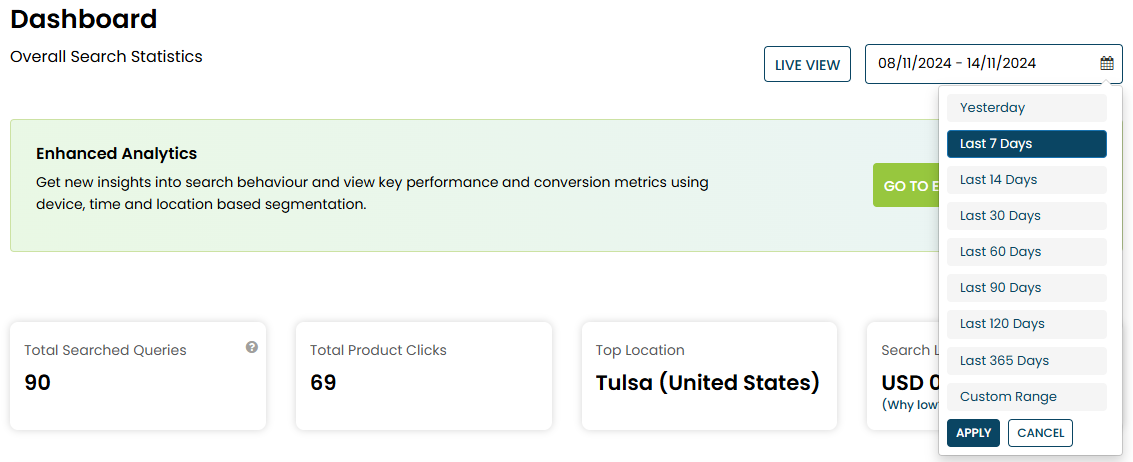 The date range options available for the Personalized Site Search analytics dashboard