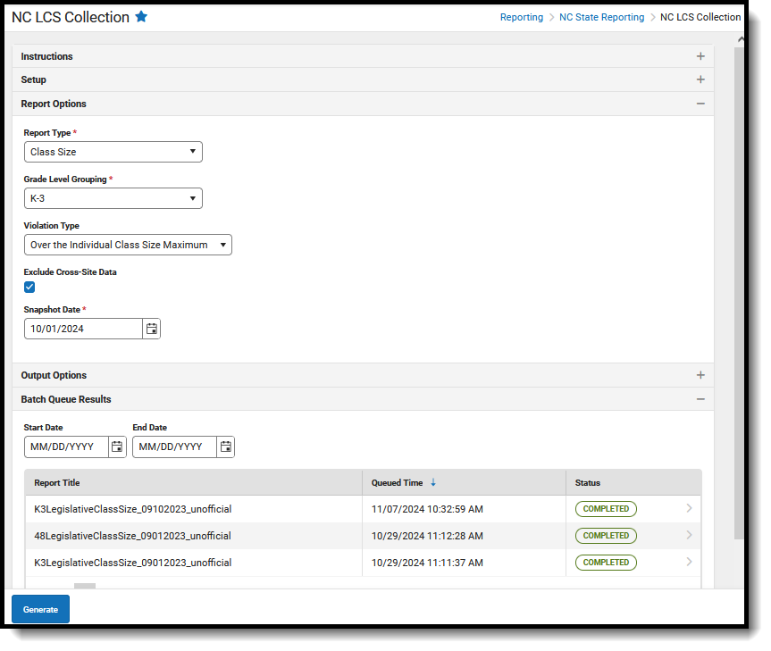 Screenshot of the Legislative Class Size Collection editor, located at Reporting, NC State Reporting. 