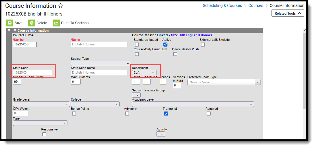 Screenshot of the Course Information editor, showing the Course Code and Department fields. 